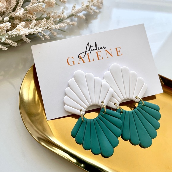 Handmade Modern Clay Earrings | Green & White | 14k Gold Plated Stainless Steel - Picture 2 of 4